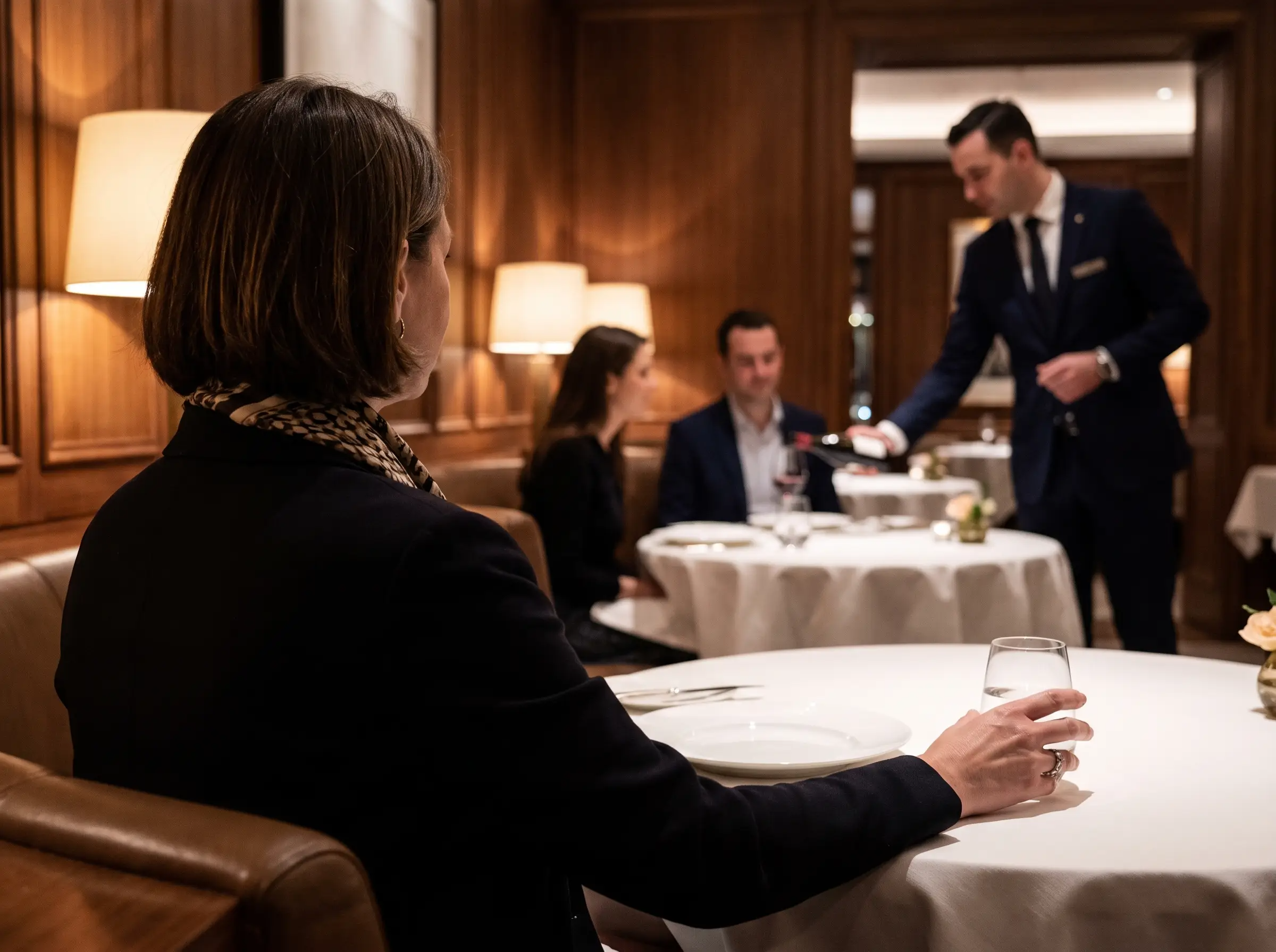 Hospitality professional observing a restaurant service interaction while taking notes