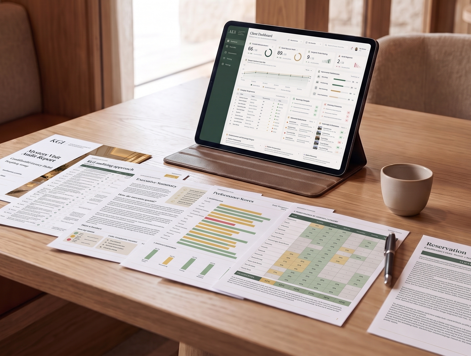 Hospitality quality-assurance software dashboard beside printed reports showing observations, priorities and performance analysis
