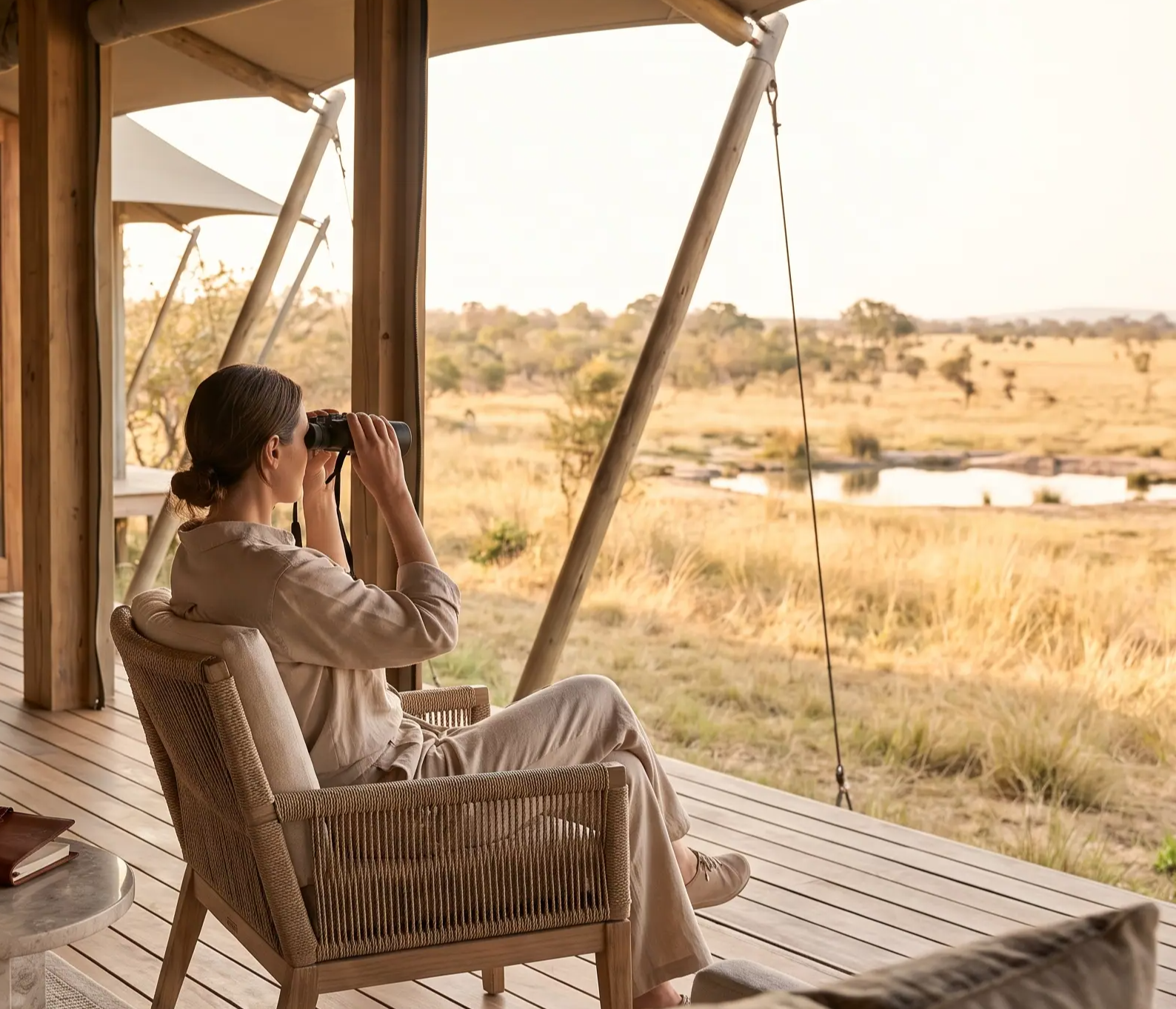 Guest observing the landscape from a safari lodge terrace with binoculars